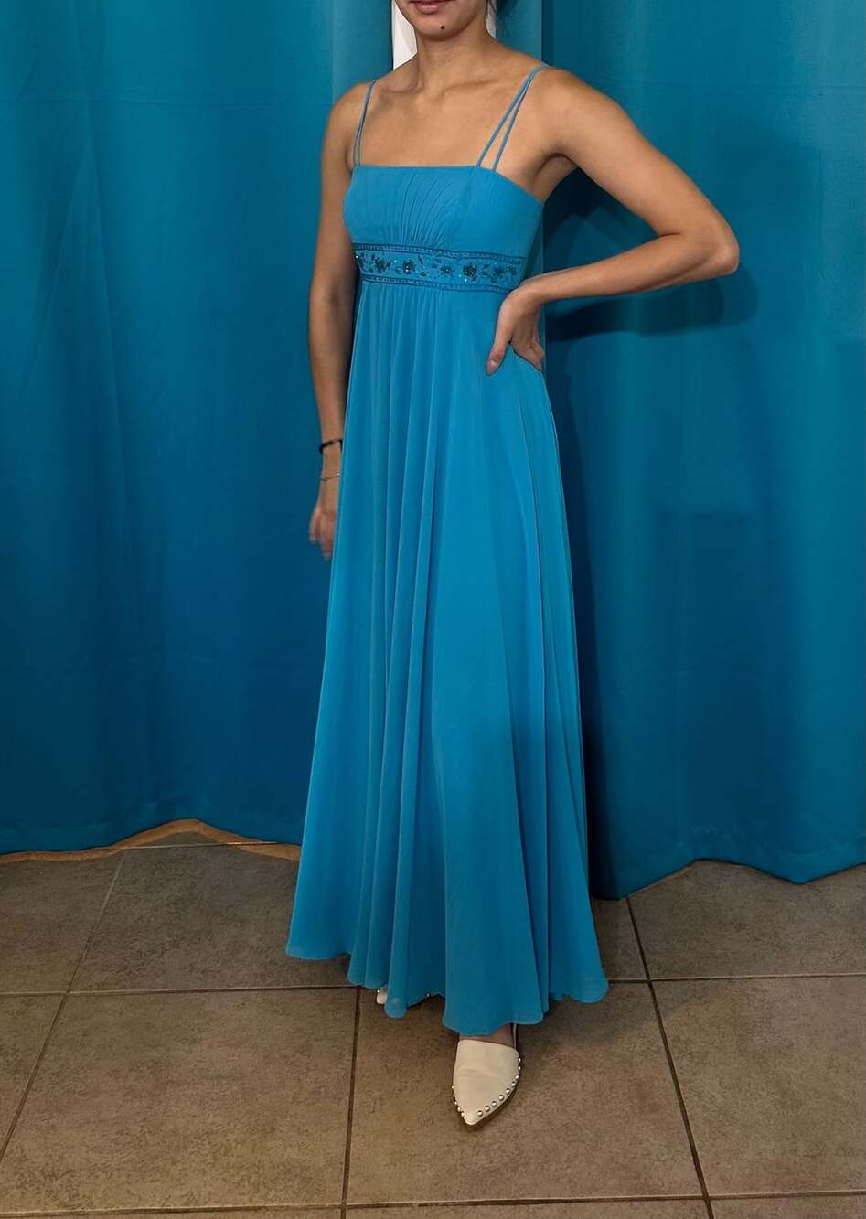 David's Bridal Blue Chiffon Beaded Empire Waist Formal Gown